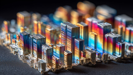 Abstract miniature city skyline built from metallic structures representing urban growth and smart city innovation.
