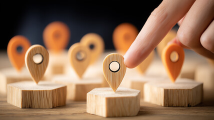 Hand placing a wooden location pin among multiple markers, symbolizing location selection decision making and strategic positioning.
