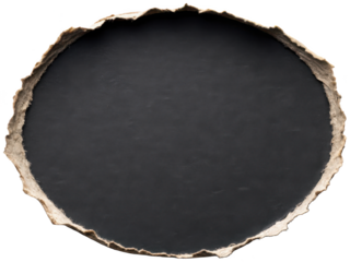Distressed, roughly torn circular paper frame with a dark gray central area and ragged edges exhibiting a textured, fibrous quality, presented against a, isolated on transparent background.