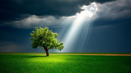 A lone tree standing in a green field illuminated by dramatic sunlight breaking through storm clouds symbolizing hope resilience and renewal.
