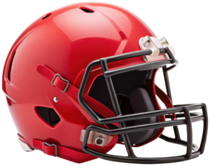 A vibrant, glossy red American football helmet constructed from durable polycarbonate plastic with a padded interior and a metallic face mask, is presented in a, isolated on transparent background.