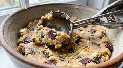 chocolate chip cookie dough in a ceramic bowl with an ice cream scoop