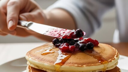 Hand spreading berry topping on stack of pancakes with syrup