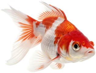 A vibrant and detailed photograph of a Ryukin goldfish, showcasing its characteristic arched back and flowing, fan-shaped fins, is presented in a close-up view, isolated on transparent background.