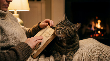 tabby cat rubbing its head against a book held by a woman near a fireplace