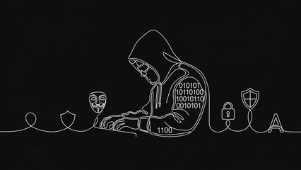 Hacker in hoodie with binary code on back working on laptop in dark futuristic neon lighting for cybersecurity
