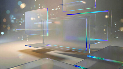Transparent Interface: Sleek, transparent digital interfaces in a modern environment with a soft, glowing light display. Illustrating futuristic designs and technological innovation.