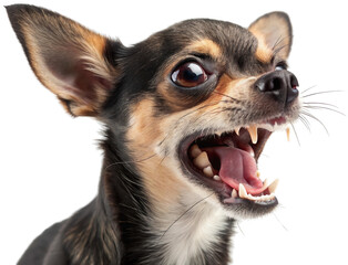 Obraz premium A strikingly detailed, close-up portrait of a small, tan and black Chihuahua with large, expressive eyes, exhibiting an aggressive snarl with bared teeth and a, isolated on transparent background.