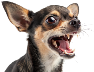 A strikingly detailed, close-up portrait of a small, tan and black Chihuahua with large, expressive eyes, exhibiting an aggressive snarl with bared teeth and a, isolated on transparent background.