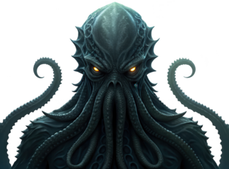Terrifying, ancient, and colossal cephalopod-headed deity with a textured, scaled, and slimy greenish-blue skin, stares intensely with glowing orange eyes,, isolated on transparent background.