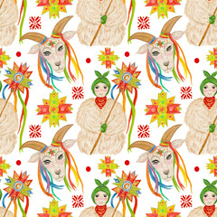 Watercolor seamless pattern, urkainian christmas background with goat malanka, girl caroler in traditional clothes, and christmas stars in bright colors. For various products, wrapping etc. 
