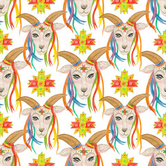 Watercolor seamless pattern, urkainian christmas background with goat malanka and christmas stars in bright colors. For various products, wrapping etc. 