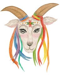 Festive watercolor illustration, ukrainian christmas, goat malanka isolated on white background. For various products, cards etc. 