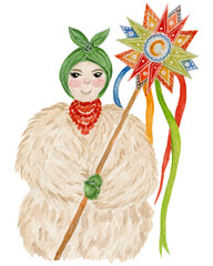 Watercolor illustration, girl in traditional ukrainian winter clothes with Christmas symbol bright star. Isolated on white background for various festive products. Ukrainian Christmas illustration.