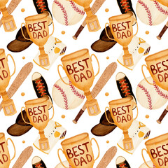 Watercolor sport pattern for father's day, elements for baseball, uniform, bat, ball, golden cup with lettering and etc on a white background. For various sport, holiday products, wrapping, etc.