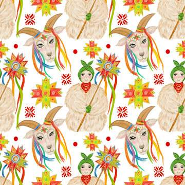 Watercolor seamless pattern, urkainian christmas background with goat malanka, girl caroler in traditional clothes, and christmas stars in bright colors. For various products, wrapping etc. 
