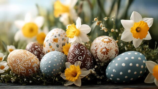Painted Easter eggs with daffodils on rustic table. Easter spring holiday concept.