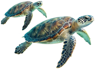 Highly detailed photorealistic depictions of two green sea turtles with mottled, textured shells and expressive eyes, gracefully swimming forward with flippers, isolated on transparent background.
