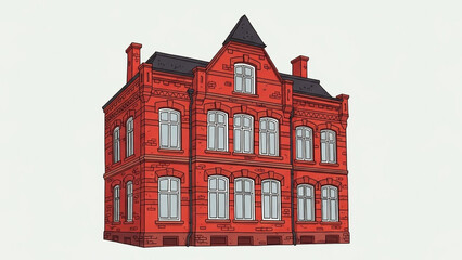 Fototapeta premium Red brick building in classic architectural style with vibrant red color and detailed illustration for urban landscape