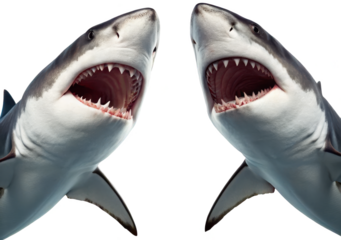 Powerful, menacing great white sharks with textured grey skin and sharp, jagged teeth are depicted in a dynamic upward-facing pose, mouths agape revealing pink, isolated on transparent background.