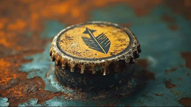 Rusty metal cap with vintage logo on an old surface
