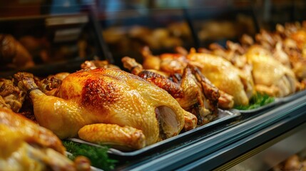 Golden Roasted Rotisserie Chickens Displayed in Supermarket Deli