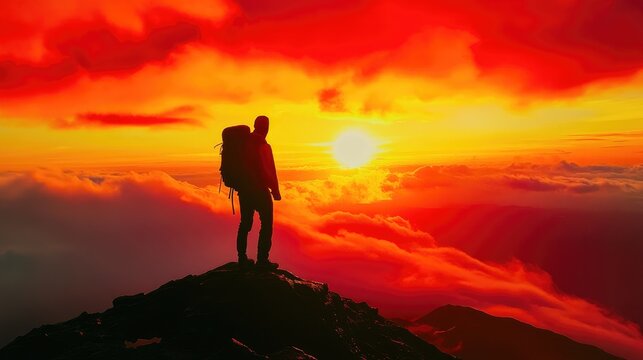 Silhouette of Hiker Standing on Mountain Peak at Dramatic Sunset Above Clouds - Powered by Adobe