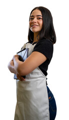 Young confident hispanic woman wearing apron holding a digital tablet and smiling