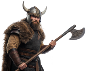 Fierce and imposing bearded Viking warrior clad in weathered leather and metal armor, complete with a horned helmet and fur cloak, confidently wielding a large, isolated on transparent background.
