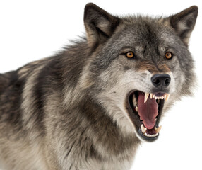 Fierce and imposing gray wolf with a thick, textured fur coat and piercing amber eyes, captured in a dramatic snarling pose revealing sharp teeth and a pink, isolated on transparent background.