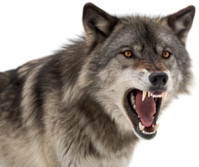 Fierce and imposing gray wolf with a thick, textured fur coat and piercing amber eyes, captured in a dramatic snarling pose revealing sharp teeth and a pink, isolated on transparent background.