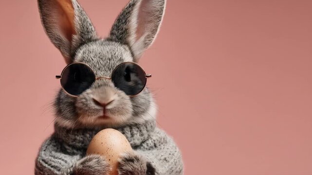 Gray rabbit with dark sunglasses and knitted scarf holding a specked egg. Easter concept with an animal character.
