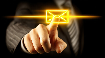 Hand pressing a glowing email icon representing message notification and direct digital interaction concepts.
