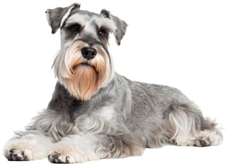 Regal and attentive miniature schnauzer with a wiry, salt-and-pepper coat and distinctive bushy eyebrows is lying down in a relaxed pose, gazing directly at the, isolated on transparent background.