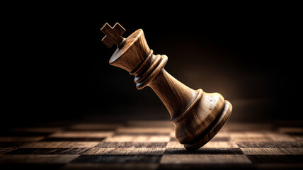 A tilted wooden chess king standing on a chessboard, symbolizing leadership vulnerability risk and critical strategic moments.
