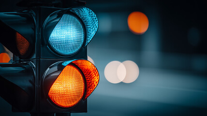 Traffic light illuminated at night illustrating decision making urban control and movement regulation.
