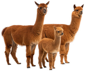 Three adorable, fluffy brown alpacas with soft fleece and gentle expressions are standing in a relaxed pose, presented as a digitally extracted image for use in, isolated on transparent background.