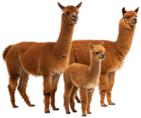 Three adorable, fluffy brown alpacas with soft fleece and gentle expressions are standing in a relaxed pose, presented as a digitally extracted image for use in, isolated on transparent background.