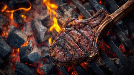 A large steak sits on a barbecue grill. Flames rise around the meat while charcoal glows beneath. It is a warm day and people gather around to enjoy the cookout.