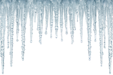Translucent, jagged icicles composed of frozen water hang densely from an unseen surface, exhibiting a crystalline texture and a slightly blurred appearance,, isolated on transparent background.