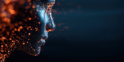 Futuristic AI Digital Human Face Profile Formed by Glowing Particles and Wireframe Mesh - Business Technology, Data Security, and Coding Concept Mockup Banner with Copy Space.