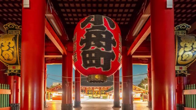 4k timelapse of temple in Asakusa, Tokyo, Japan. the lantern displays the name of the town, and the Chinese words on the board. iconic landmark	