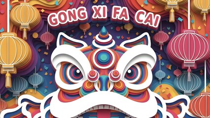 Colorful Papercut Lion with Lanterns and Gong Xi Fa Cai Greeting for Chinese New Year Celebration
