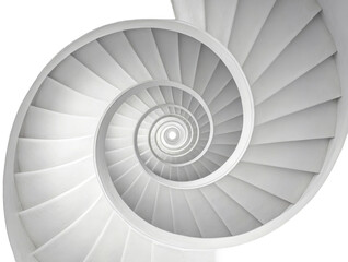 Obraz premium Dramatic, high-angle architectural photograph of a pristine white spiral staircase constructed from smooth concrete, gracefully ascending towards a central, isolated on transparent background.