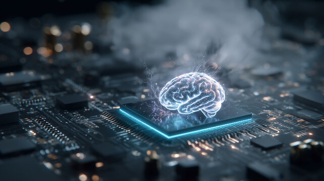 A glowing digital brain emerging from a microchip within an electronic circuit, representing artificial intelligence computing power and advanced neural processing.
