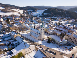 Aerial view of city Kasperske Hory in Bohemia, Sumava mountains. Winter resort in Czech republic, European unon.