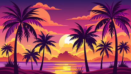 Silhouettes of palm trees against a vibrant purple, orange, and pink sunset sky