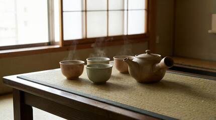Japanese tea set with teapot and cups on wooden table indoors  