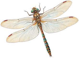 Intricately detailed, realistically rendered dragonfly with translucent, veined wings and a segmented, metallic-sheened body, is depicted in a full wingspan pose, isolated on transparent background.