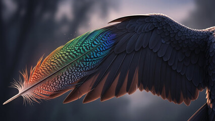 Rainbow bird feather in dramatic flight with vibrant iridescent colors in soft focus for fantasy art